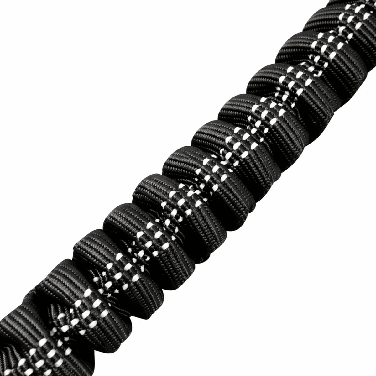 Close-up of reflective stitching on black dog bungee lead